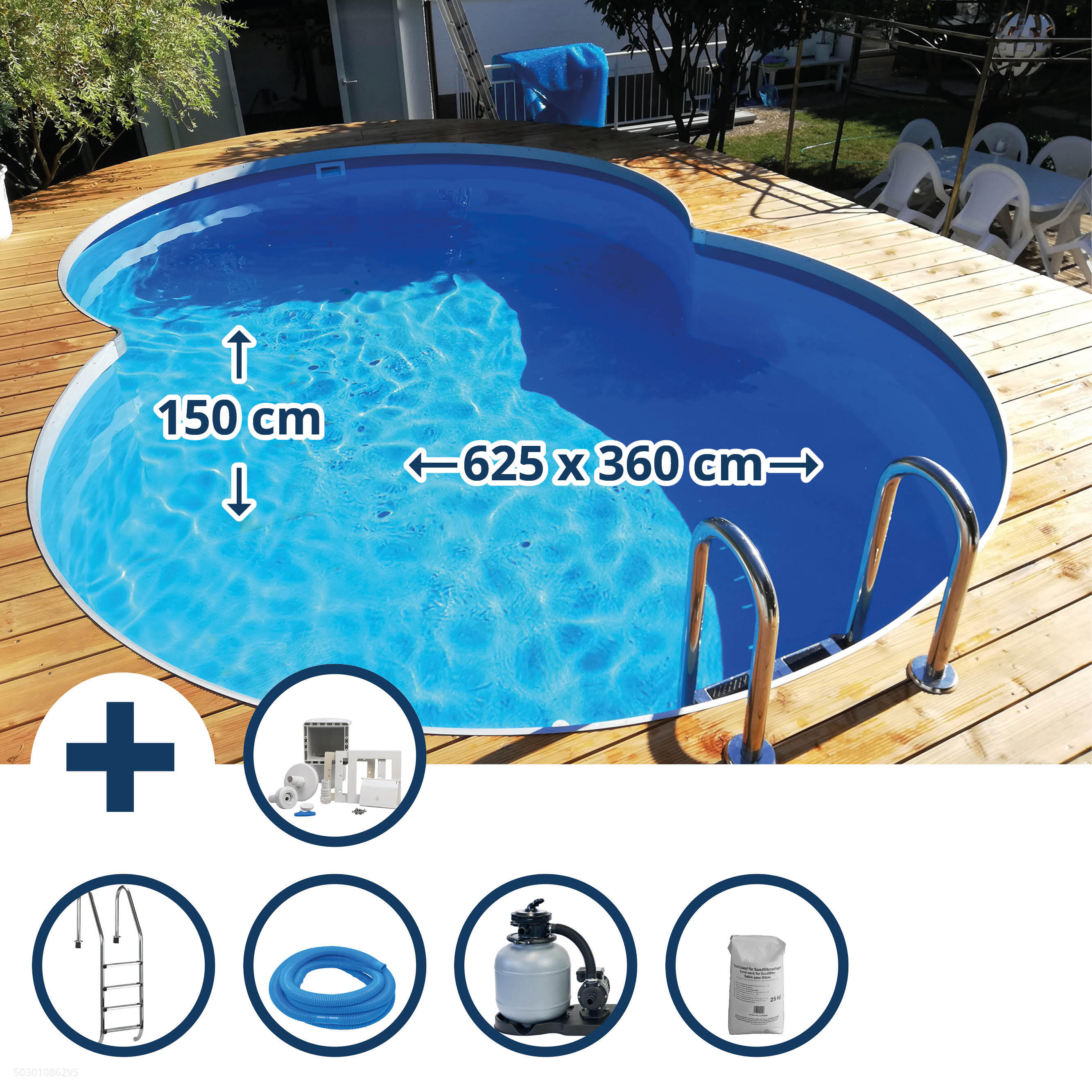 Stahlwandpool Set tief achtform 625x360x150cm, Stahl 0,8mm weiß,
Folie 0,6mm bl. 1/7