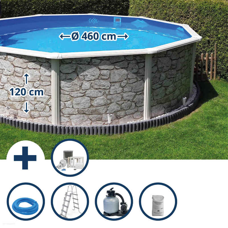 Stahlwandpool Set rund 460x120cm, Stahl 0,45mm Steinoptik, Folie 0,3mm
blau