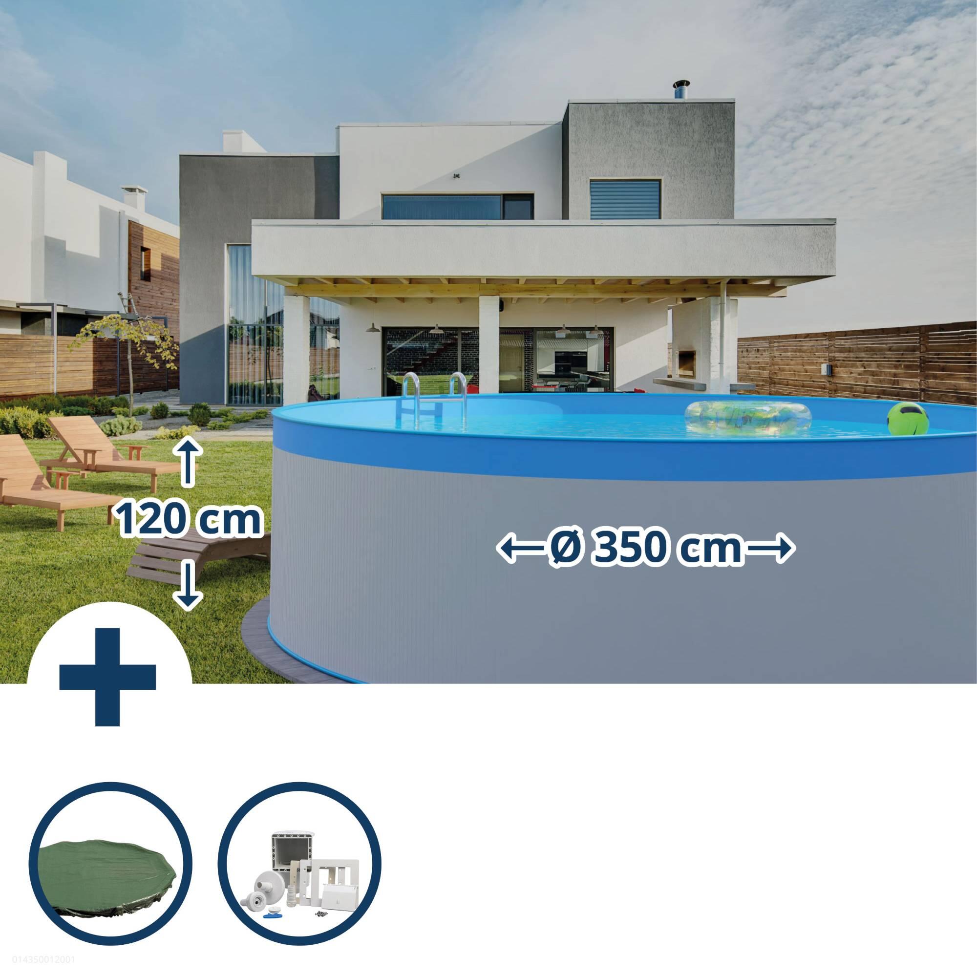 Stahlwandpool Set rund 350x120cm, Stahl 0,4mm weiß, Folie 0,3mm blau 1/5