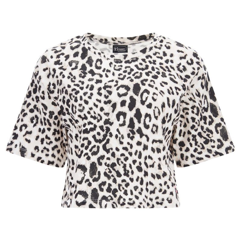 T-shirt cropped maniche a kimono e stampa leopardata all over