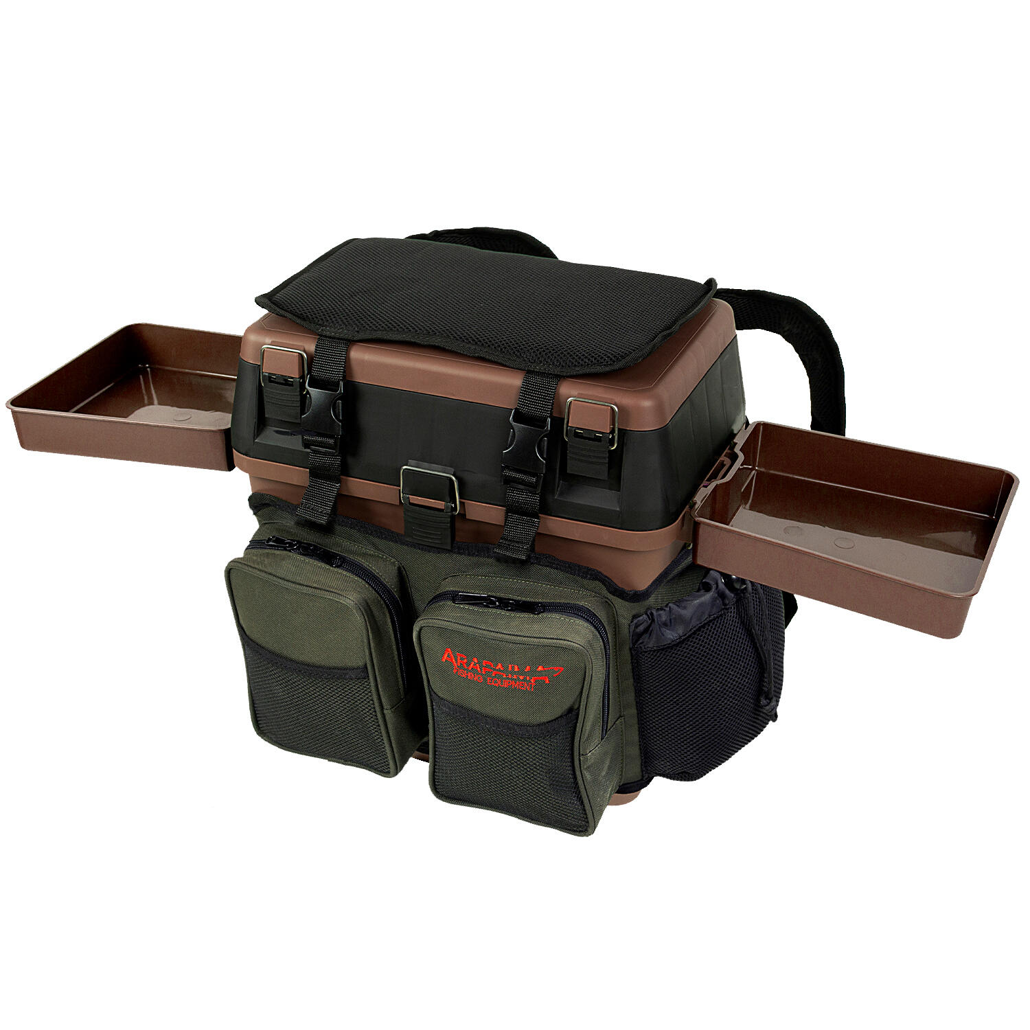 Fishing box and seat + 2 side trays | Backpack | Brown/Olive