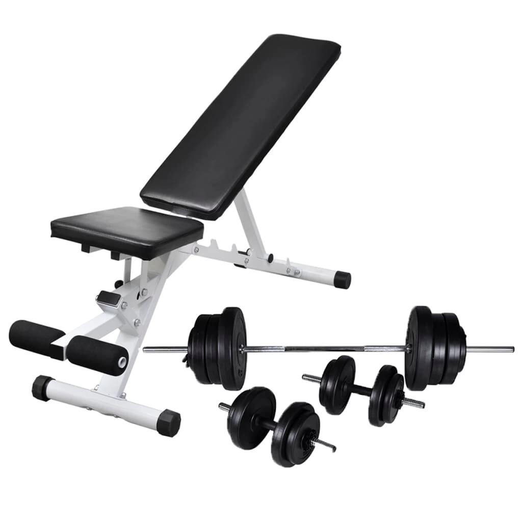 Banco de fitness reforçado com barbela e conjunto de halteres (61kg no total)