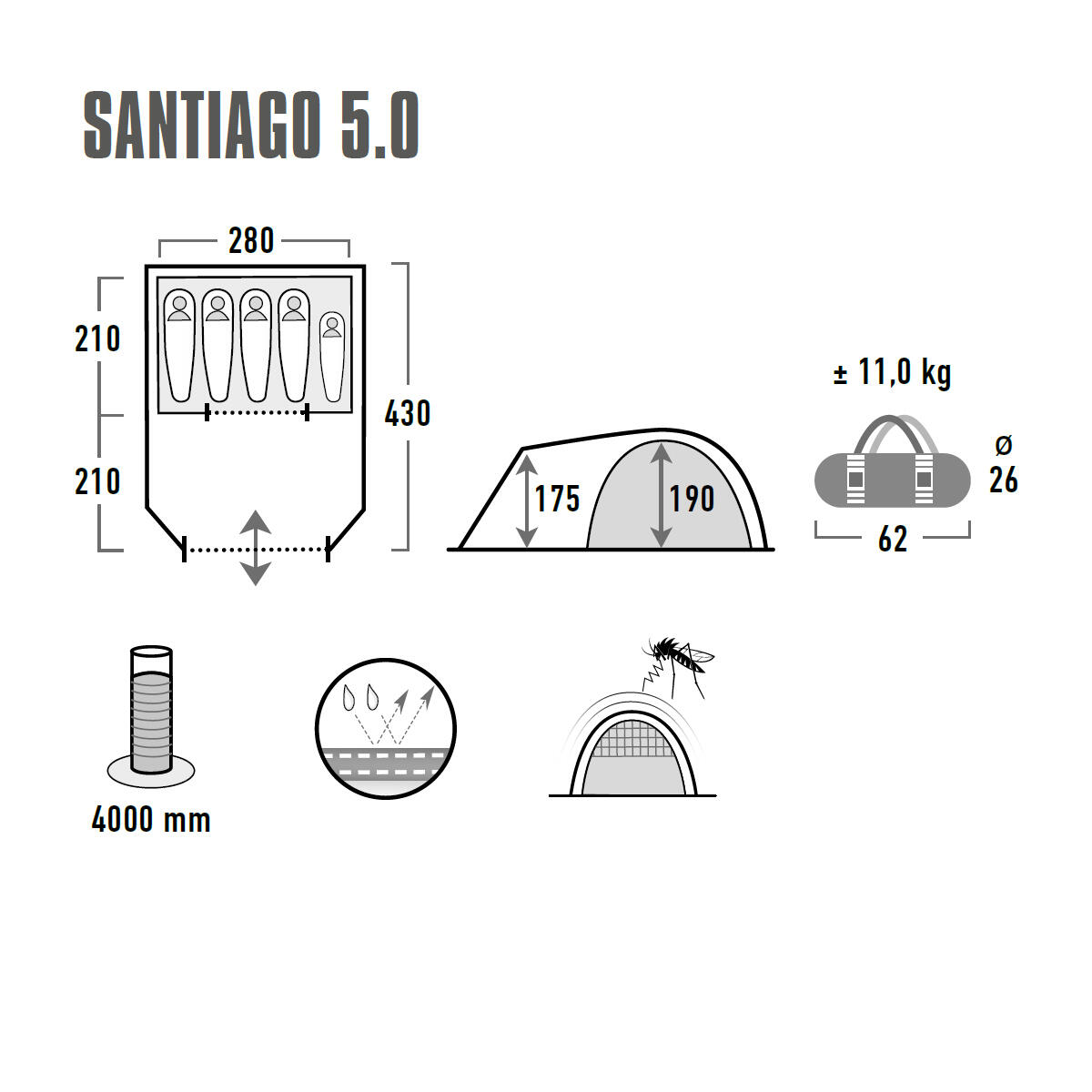 Tenda a cupola Santiago 5 persone familiare da Campeggio grande vestibolo 4/8