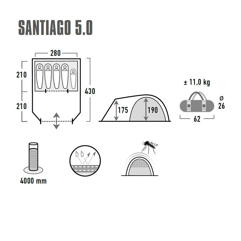 High Peak koepeltent Santiago 5.0, kampeertent met woon- en opbergruimte