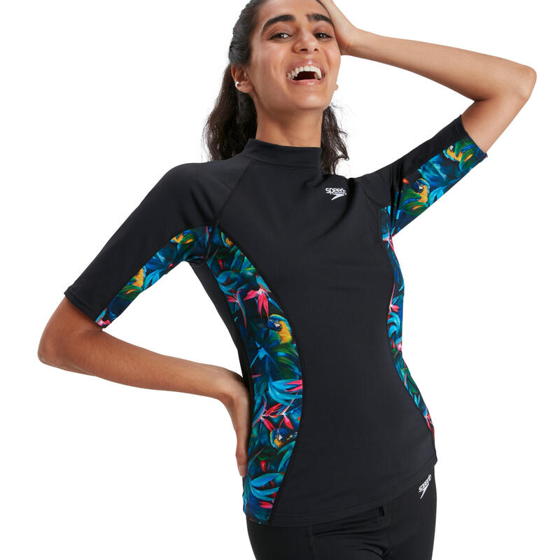 ECO ENDURANCE+ LADIES' PALM & PARROT SHORT SLEEVE RASH TOP - BLACK