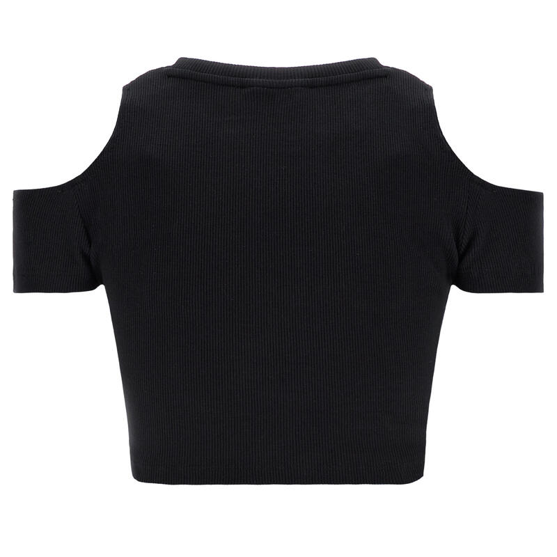 Crop top slim fit in costina con oblò sulle spalle
