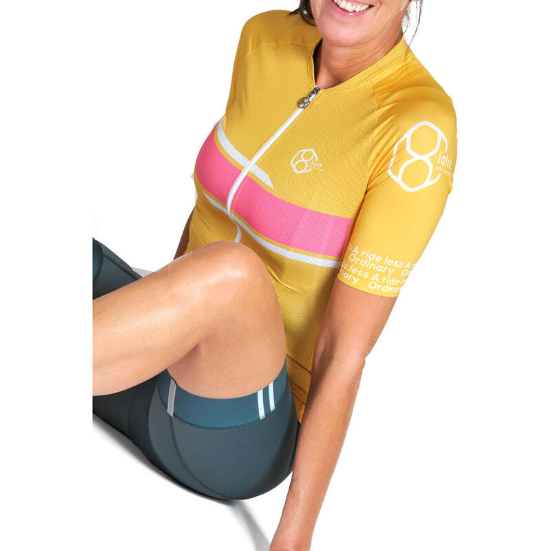 Diepgeel/Multicolor fietsshirt voor dames korte mouw 8andCounting