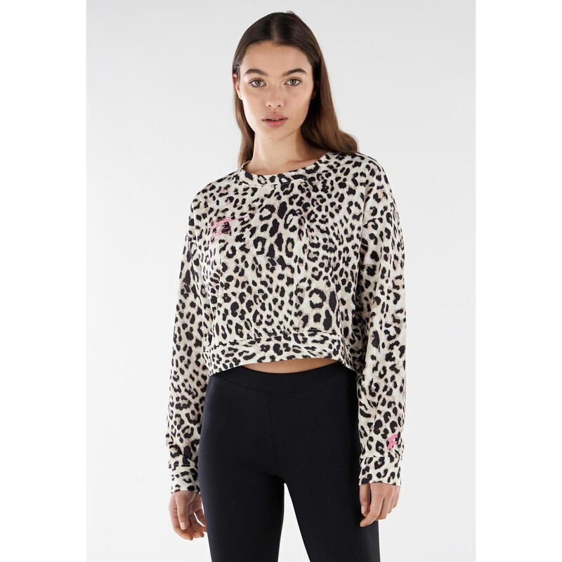 Felpa comfort cropped leggera con stampa leopardata all over