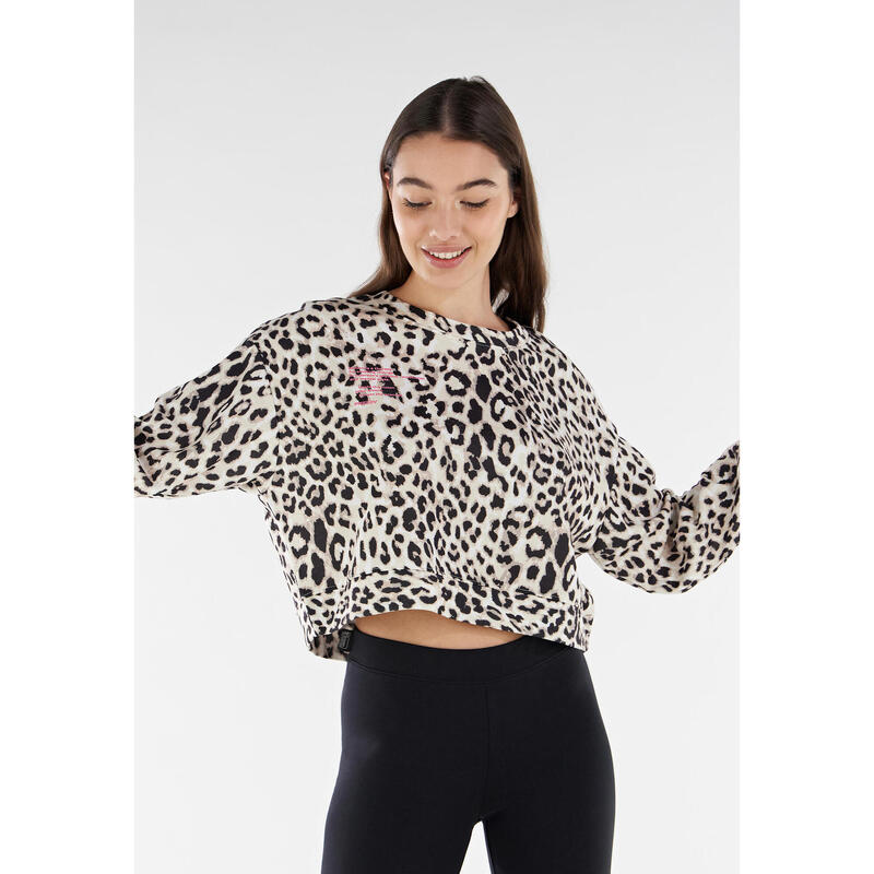 Felpa comfort cropped leggera con stampa leopardata all over