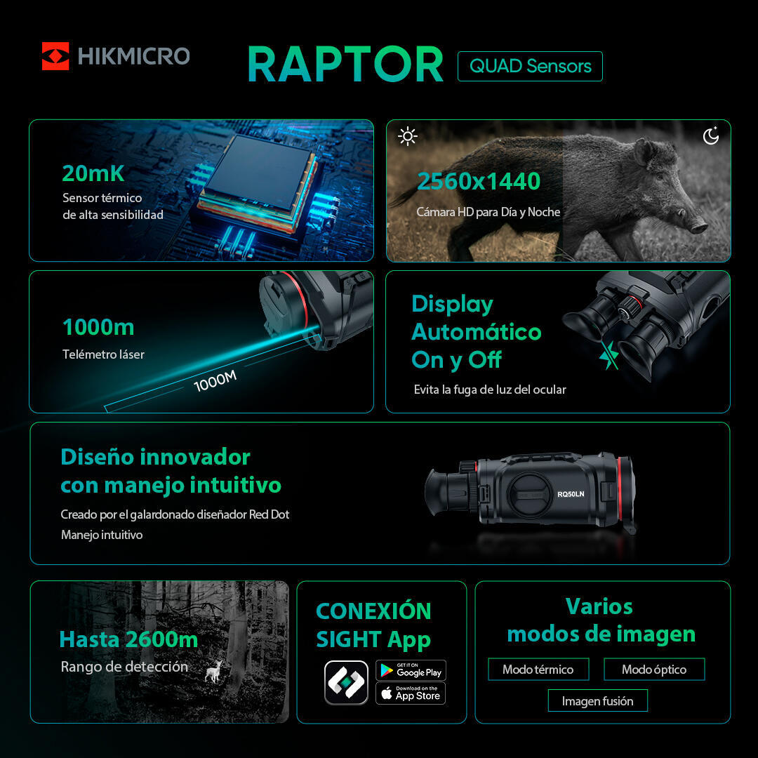 Prismático nocturno para caza HIKMICRO Raptor R75QG WLVE IR 850 nm con telémetro 5/6