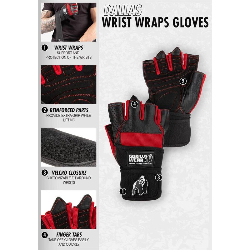 Dallas Wrist Wraps Gloves - Noir/Rouge Stitched - M