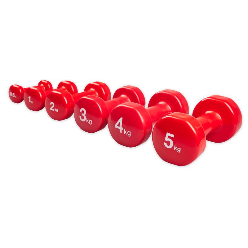 Vinyl Dumbbells set per 2 stuks - 0,5 / 1 / 2 / 3 / 4 / 5 kg - rood