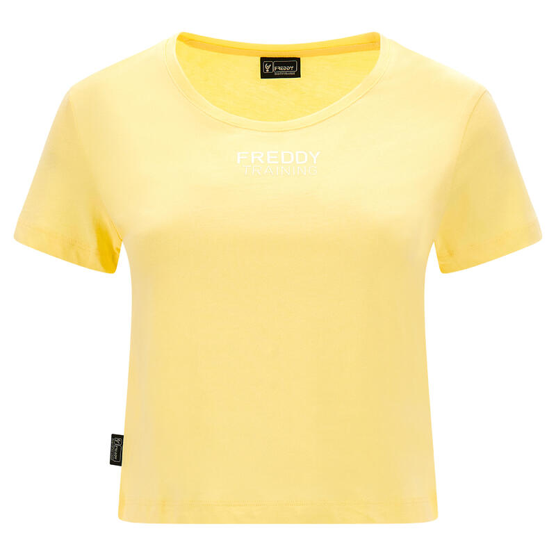 T-shirt cropped slim fit con stampa oro chiaro