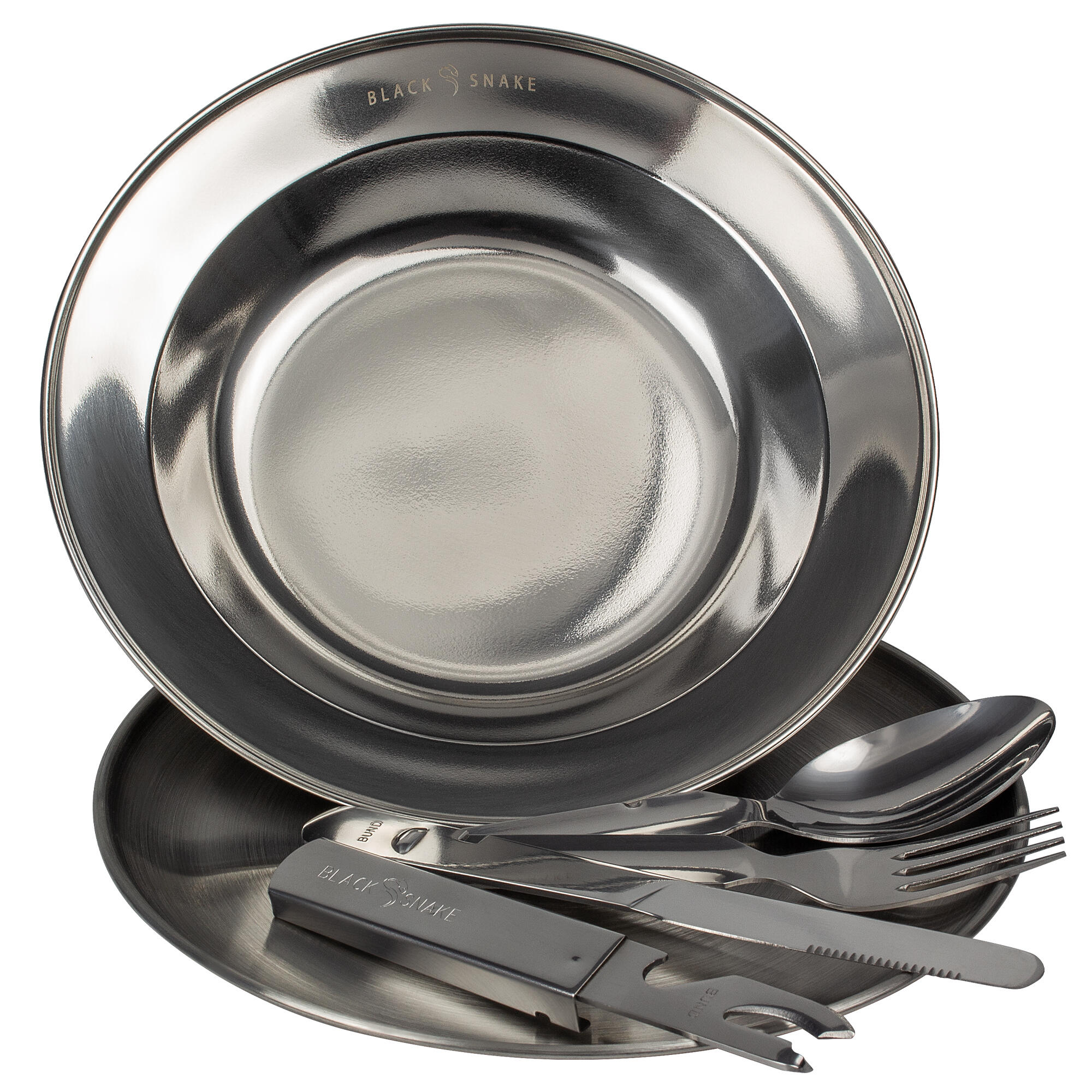 BLACK SNAKE Camping-Essbesteck, tiefer & flacher Teller Set | Edelstahl | 1 Person