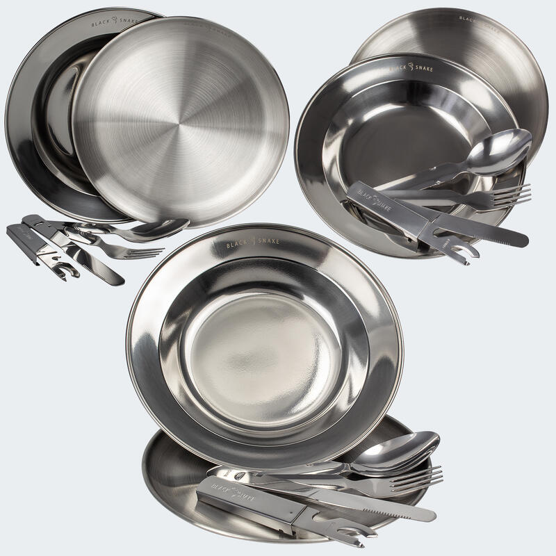 Kemping evőeszközök, mély és sekély tányérkészlet, rozsdamentes acél