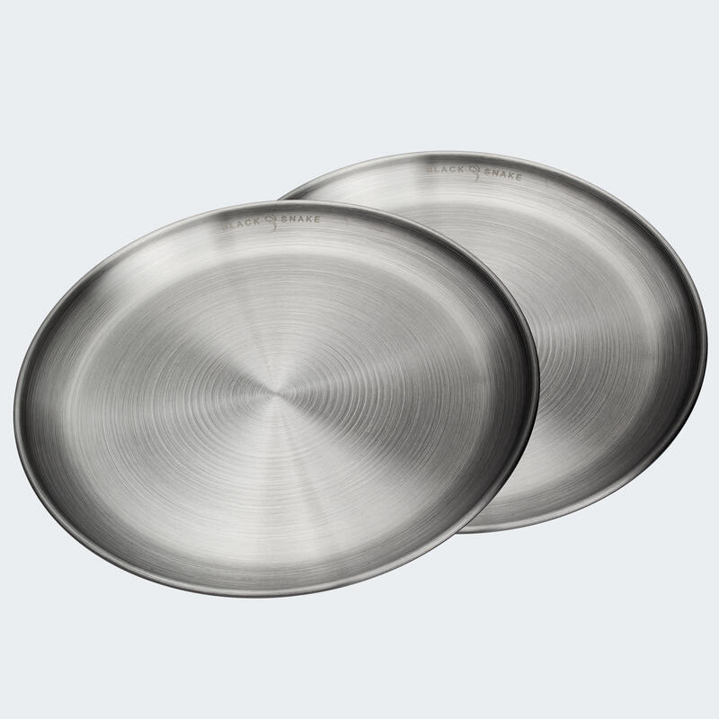 Lapos kempingtányér, kb. 23 cm átmérő, rozsdamentes acél, 2 tányér