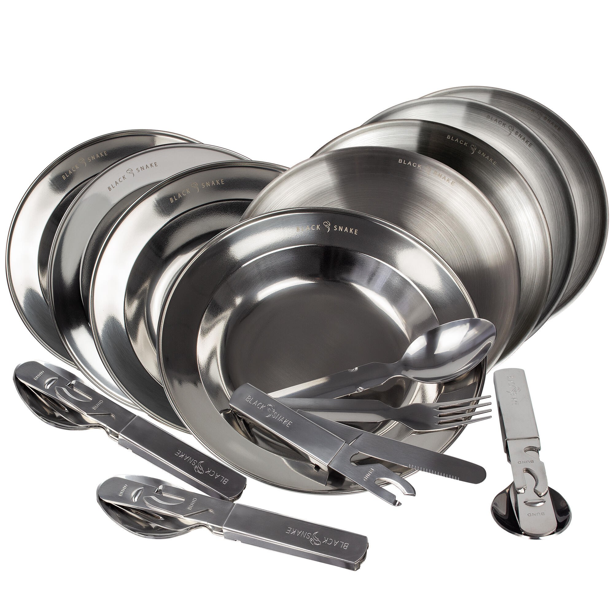 BLACK SNAKE Camping-Essbesteck, tiefer & flacher Teller Set | Edelstahl | 4 Personen