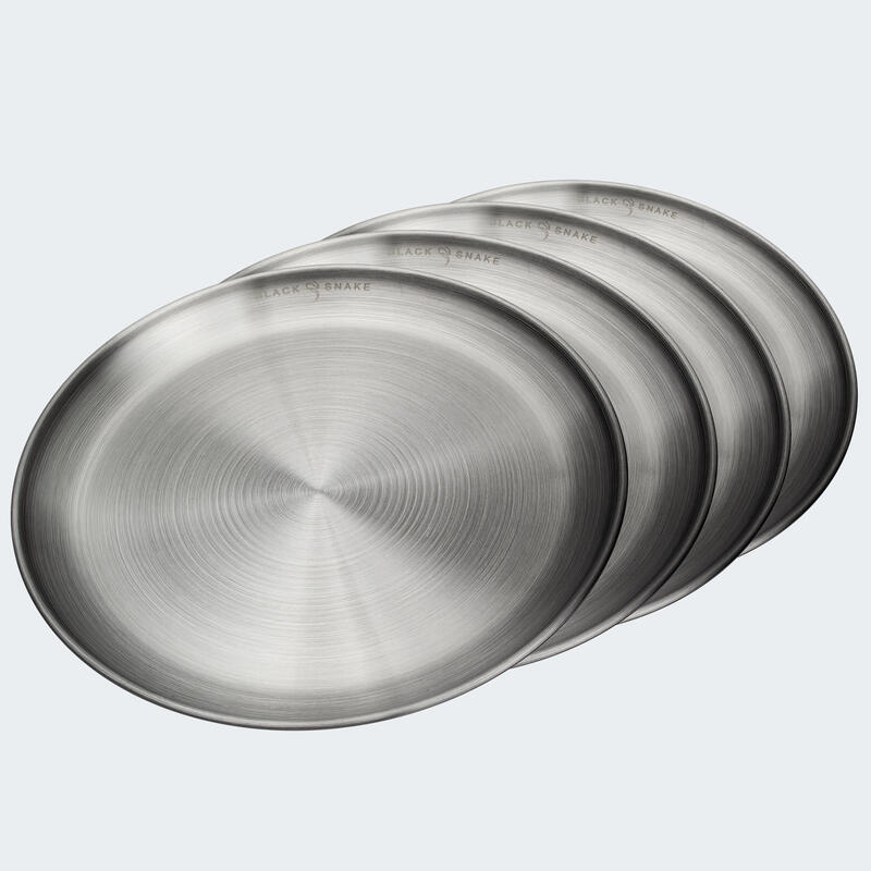 Lapos kempingtányér, kb. 23 cm átmérő, rozsdamentes acél, 4 tányér