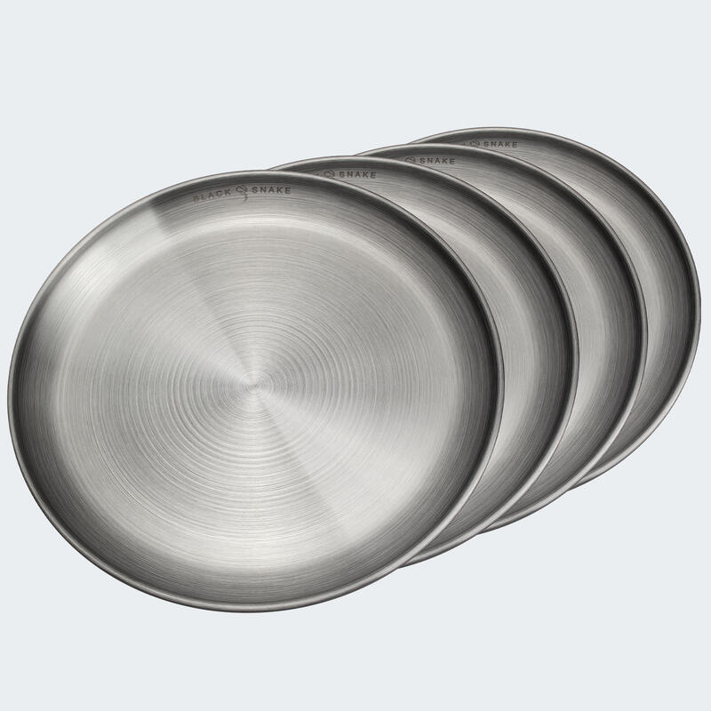 Lapos kempingtányér, kb. 23 cm átmérő, rozsdamentes acél, 4 tányér