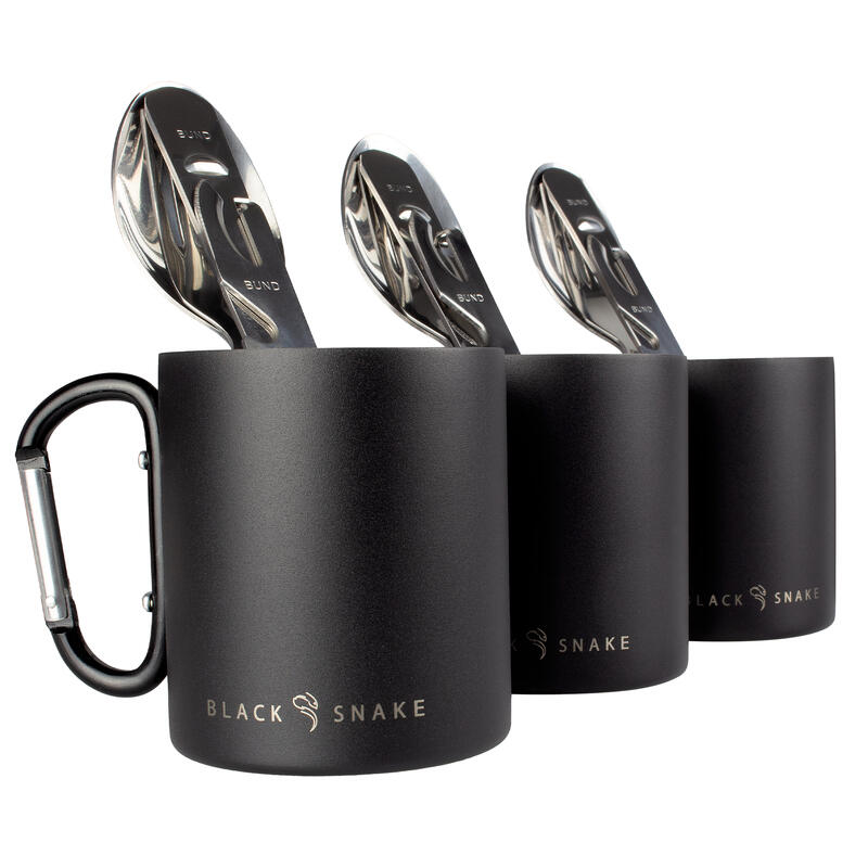 Camping-Essbesteck & Thermotasse Karabinerhaken Set | Edelstahl | 3 Personen