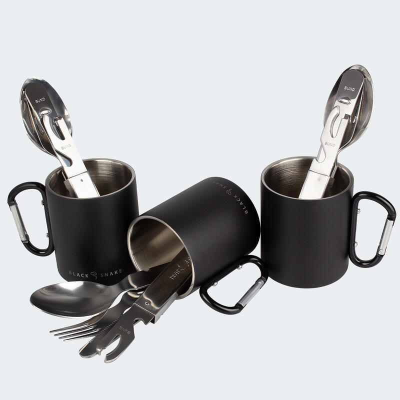 Cubiertos de camping y taza térmica con mosquetón set | Acero inox | 3 personas