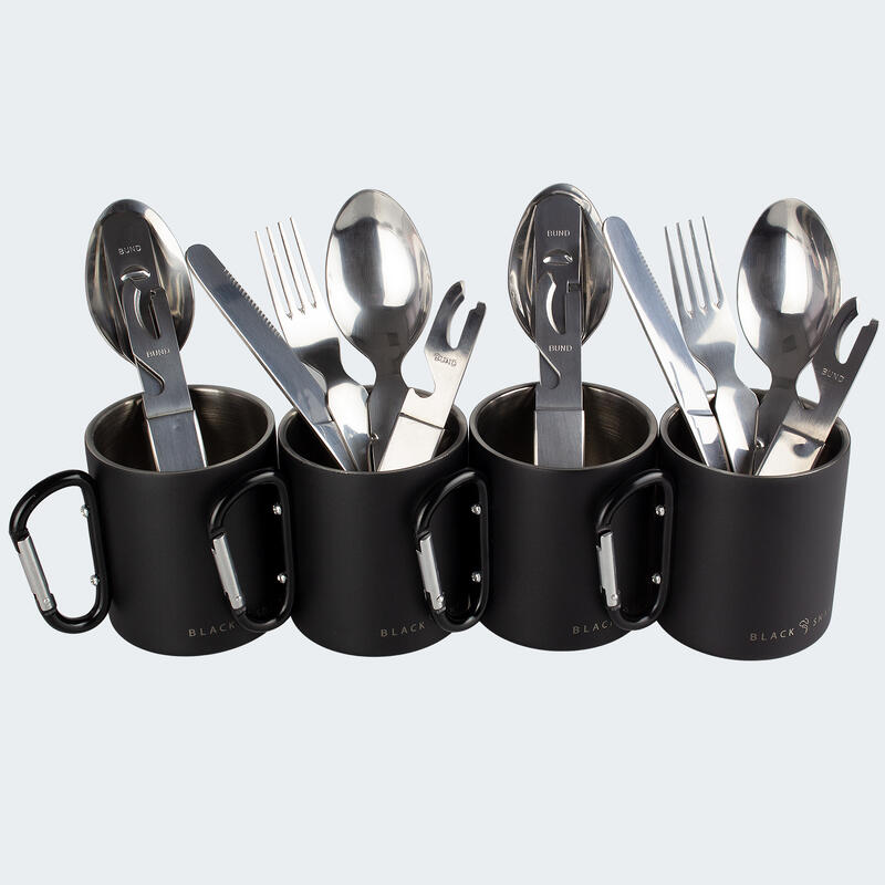 Cubiertos de camping y taza térmica con mosquetón set | Acero inox | 4 personas