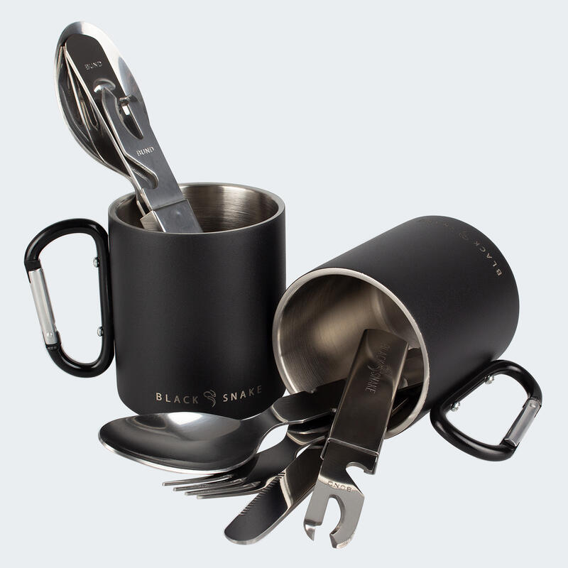 Camping-Essbesteck & Thermotasse Karabinerhaken Set | Edelstahl | 2 Personen