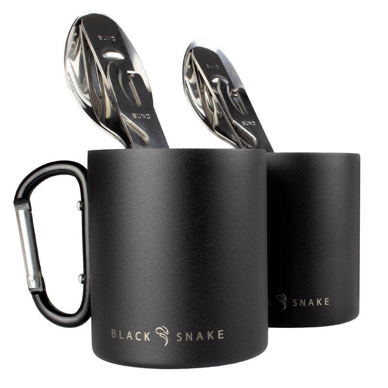 Cubiertos de camping y taza térmica con mosquetón set | Acero inox | 2 personas