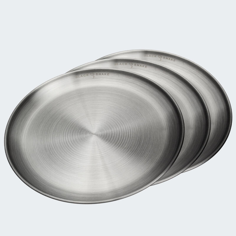 Lapos kempingtányér, kb. 23 cm átmérő, rozsdamentes acél, 3 tányér
