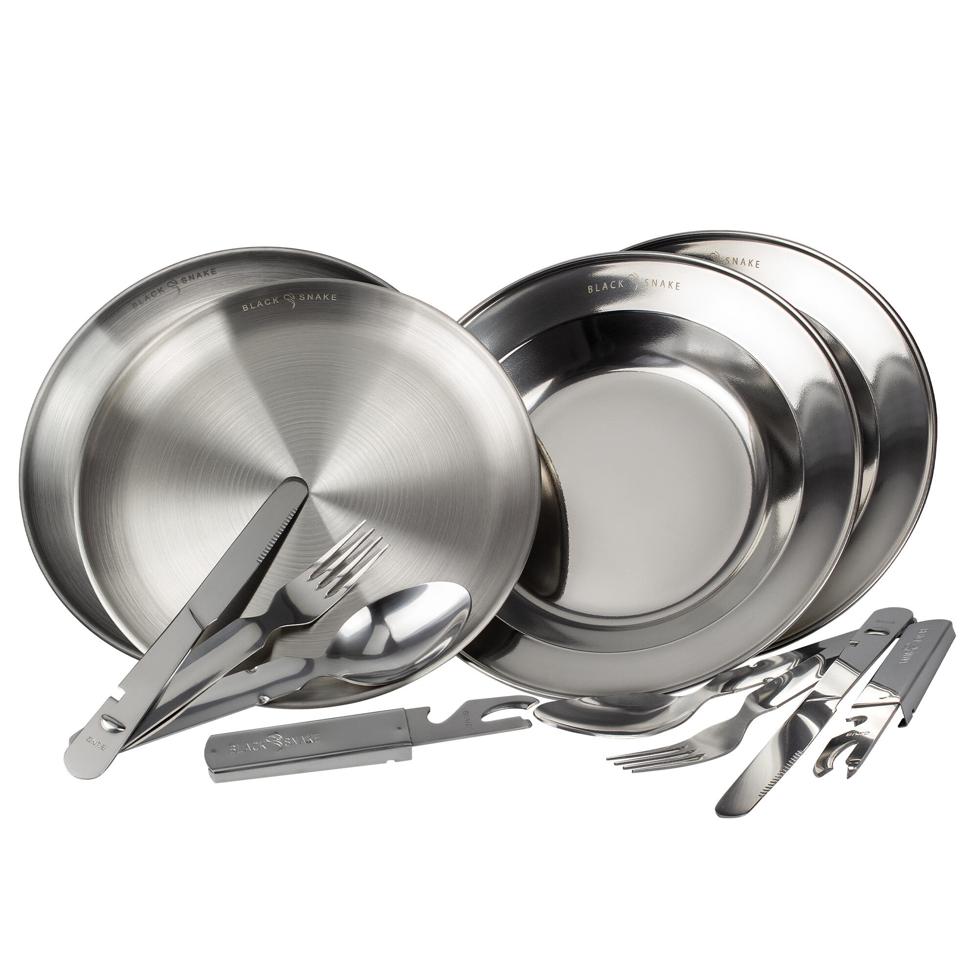 BLACK SNAKE Camping-Essbesteck, tiefer & flacher Teller Set | Edelstahl | 2 Personen