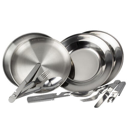 Edelstahl Teller flach & tief mit Campingbesteck für Outdoor - 3 Personen Set