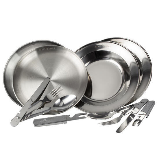 Edelstahl Teller flach & tief mit Campingbesteck für Outdoor - 3 Personen Set