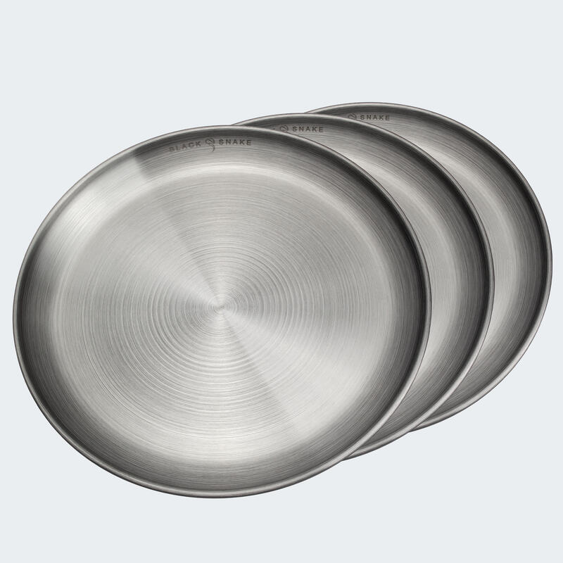 Lapos kempingtányér, kb. 23 cm átmérő, rozsdamentes acél, 3 tányér
