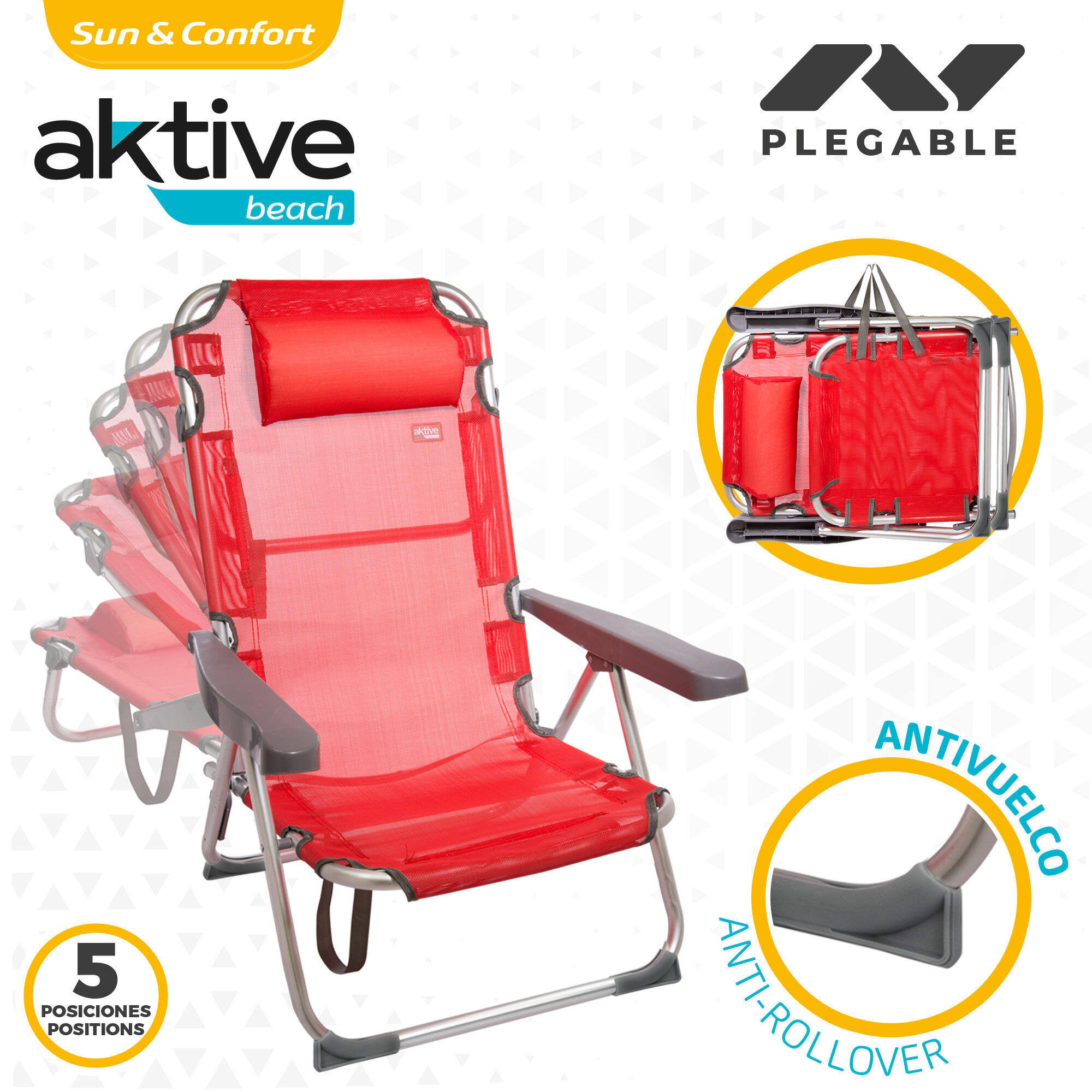 AKTIVE - Chaise Pliante avec Dossier Réglable et Poignée. Chaise de Plage Rouge 3/6