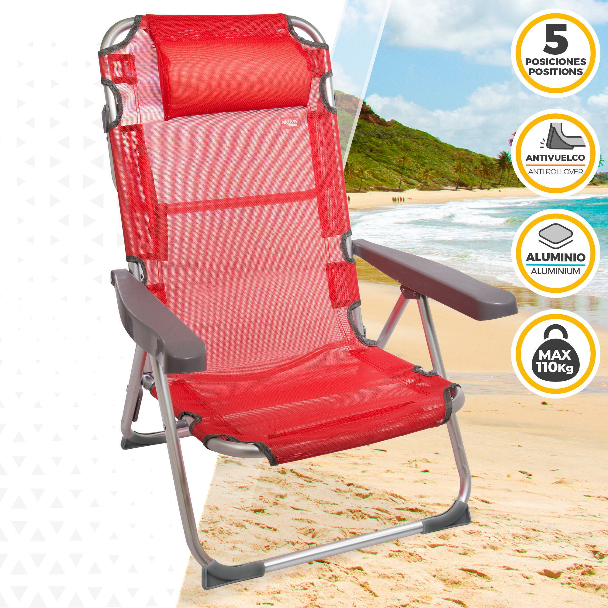 AKTIVE - Chaise Pliante avec Dossier Réglable et Poignée. Chaise de Plage Rouge 2/6