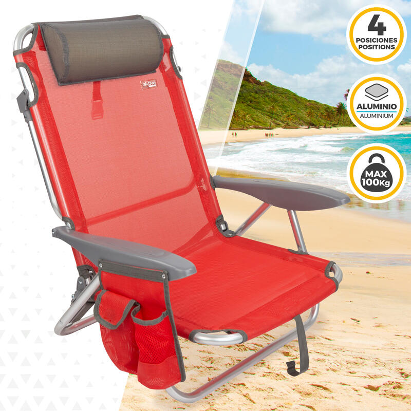 Cadeira de praia reclinável dobrável com almofada Vermelha Aktive