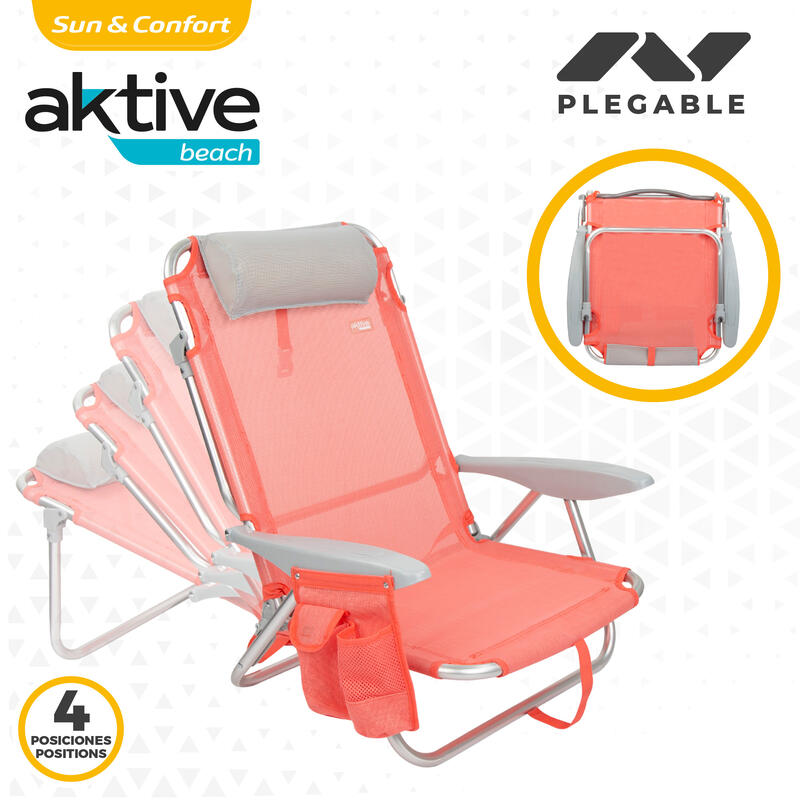 Silla de playa plegable multiposición coral con cojín Aktive