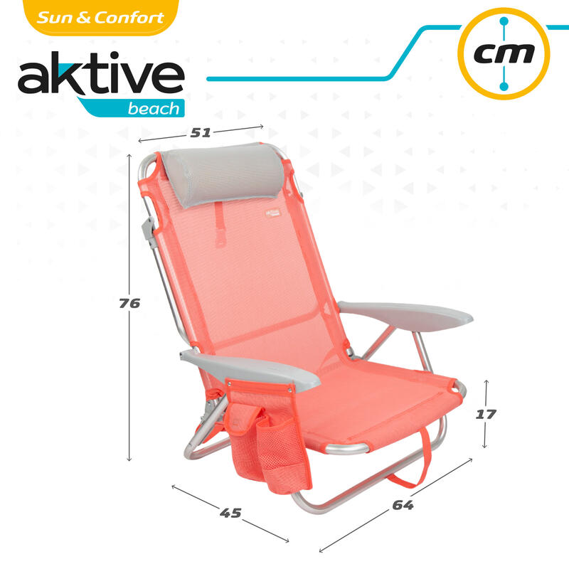 Silla de playa plegable multiposición coral con cojín Aktive