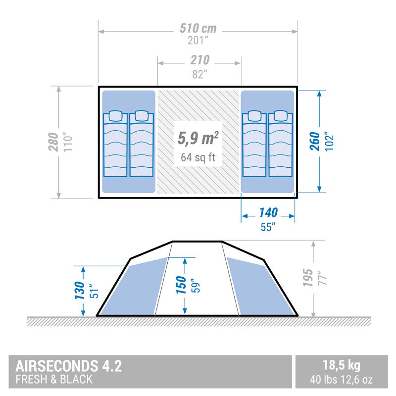 Verhuur - Tent 4 personen Air Seconds F&B opblaasbaar - 2 slaapcompartimenten