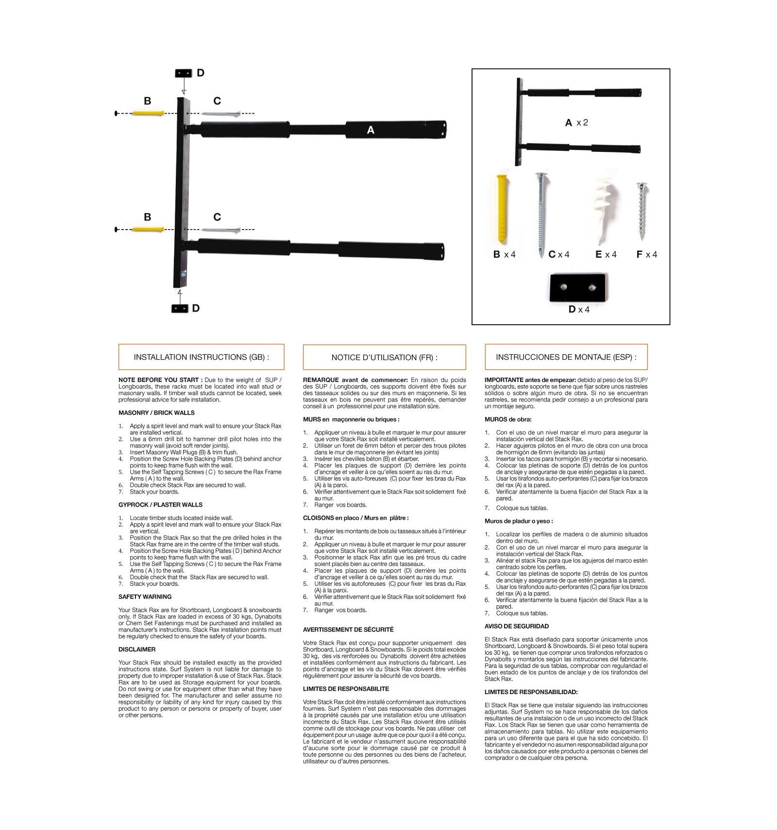 SURFSYSTEM - Soporte de pared para rack cuádruple (shortboards, longboards, SUP) 5/5