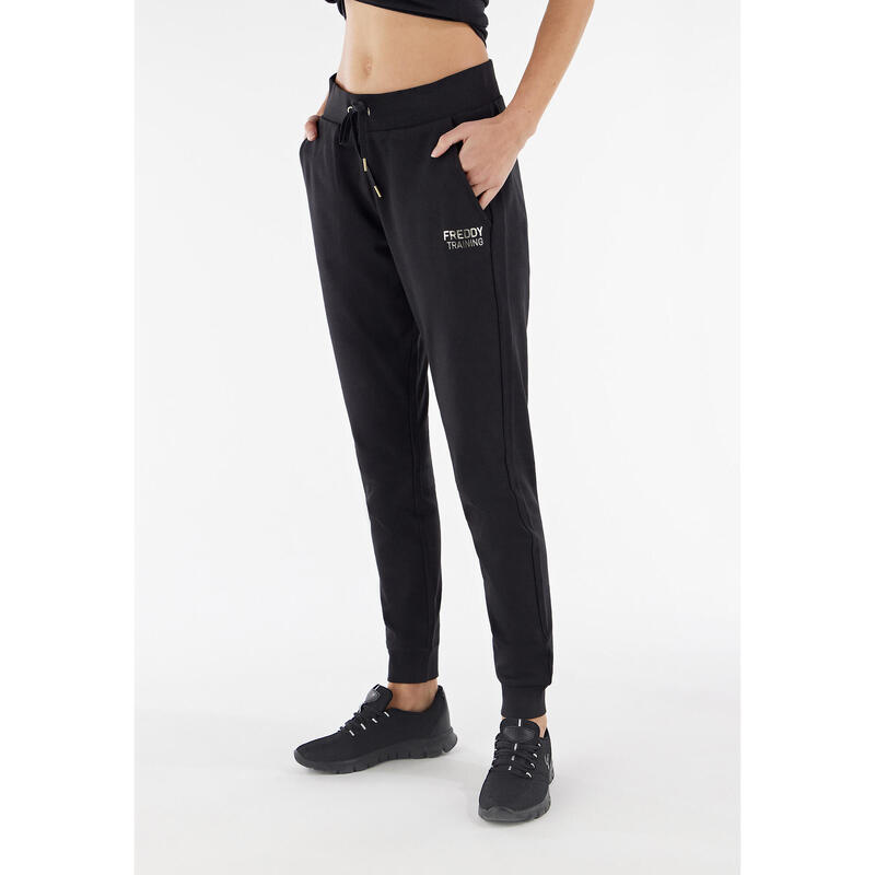 Pantaloni sportivi 7/8 interlock con piccola stampa oro chiaro