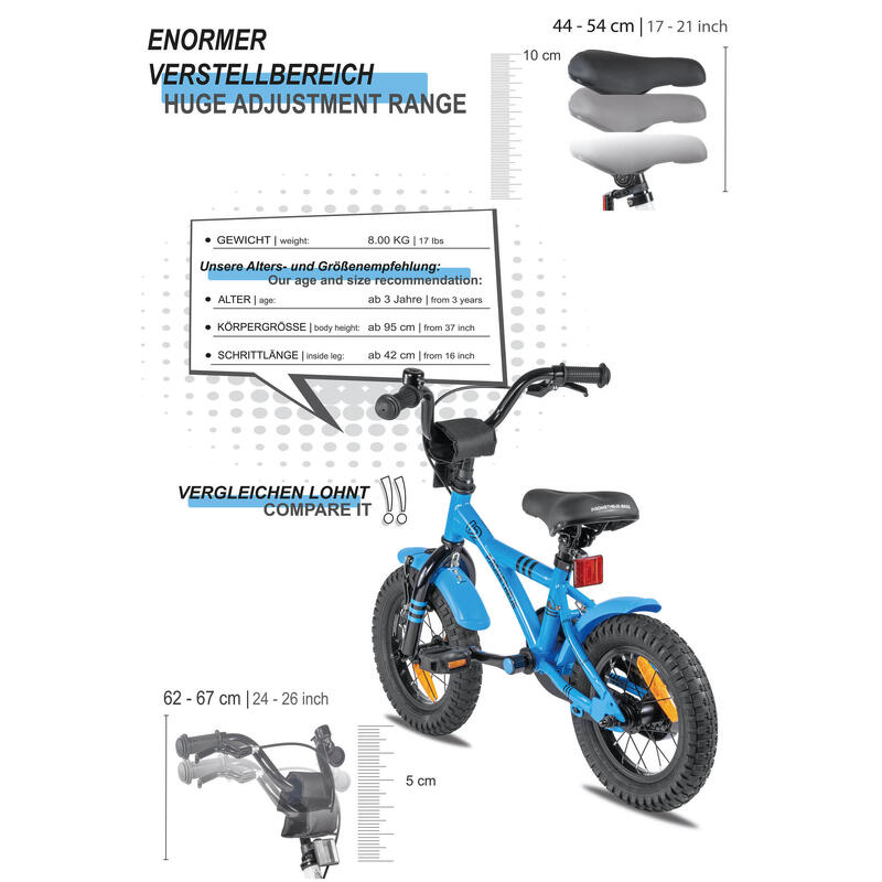 Kinderfahrrad 12 Zoll ab 3 Jahre mit Stützräder und Rücktritt