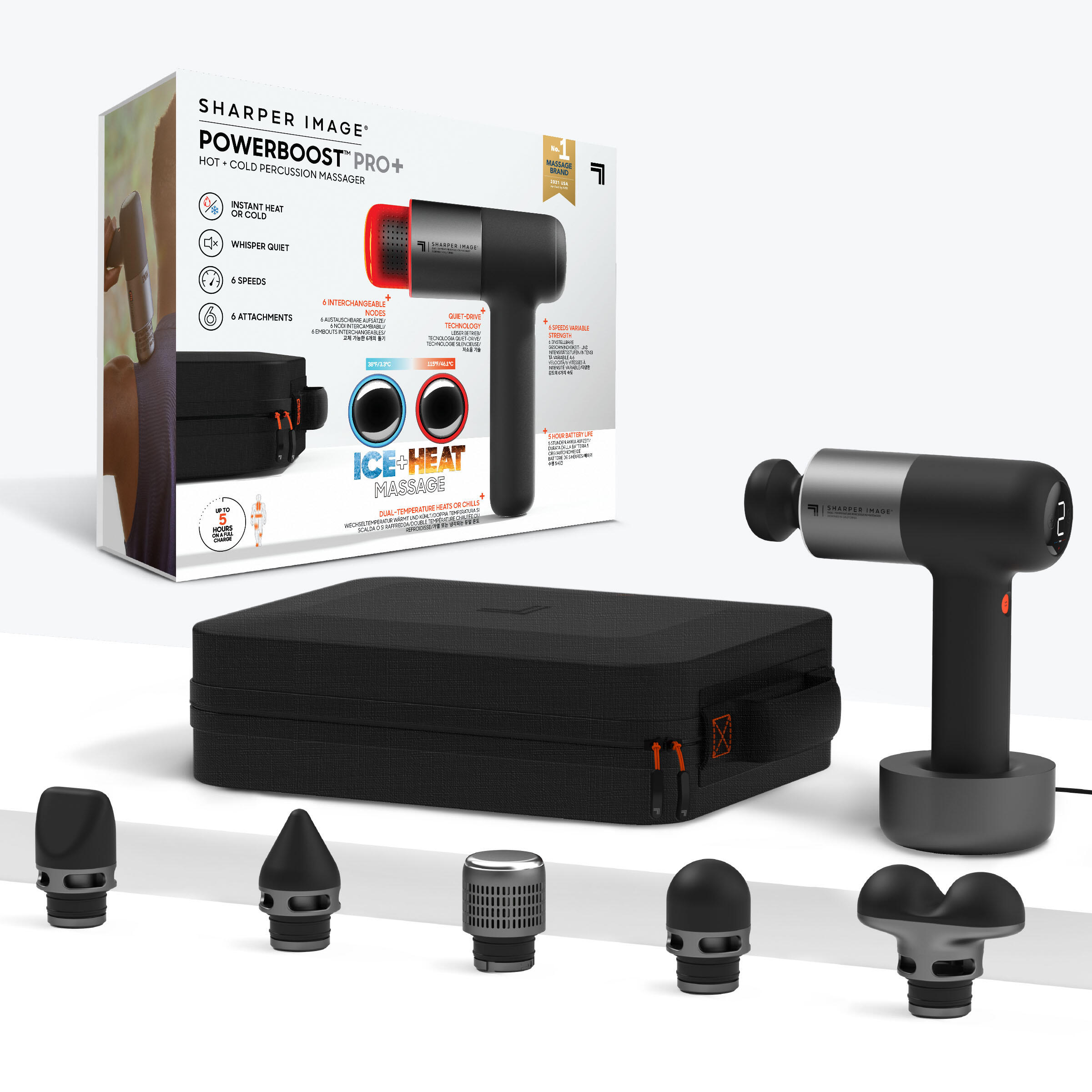 SHARPER IMAGE Fitness Massagepistole PowerBoost Pro mit Kälte-/Wärmefunktion, 6 Massageköpfen