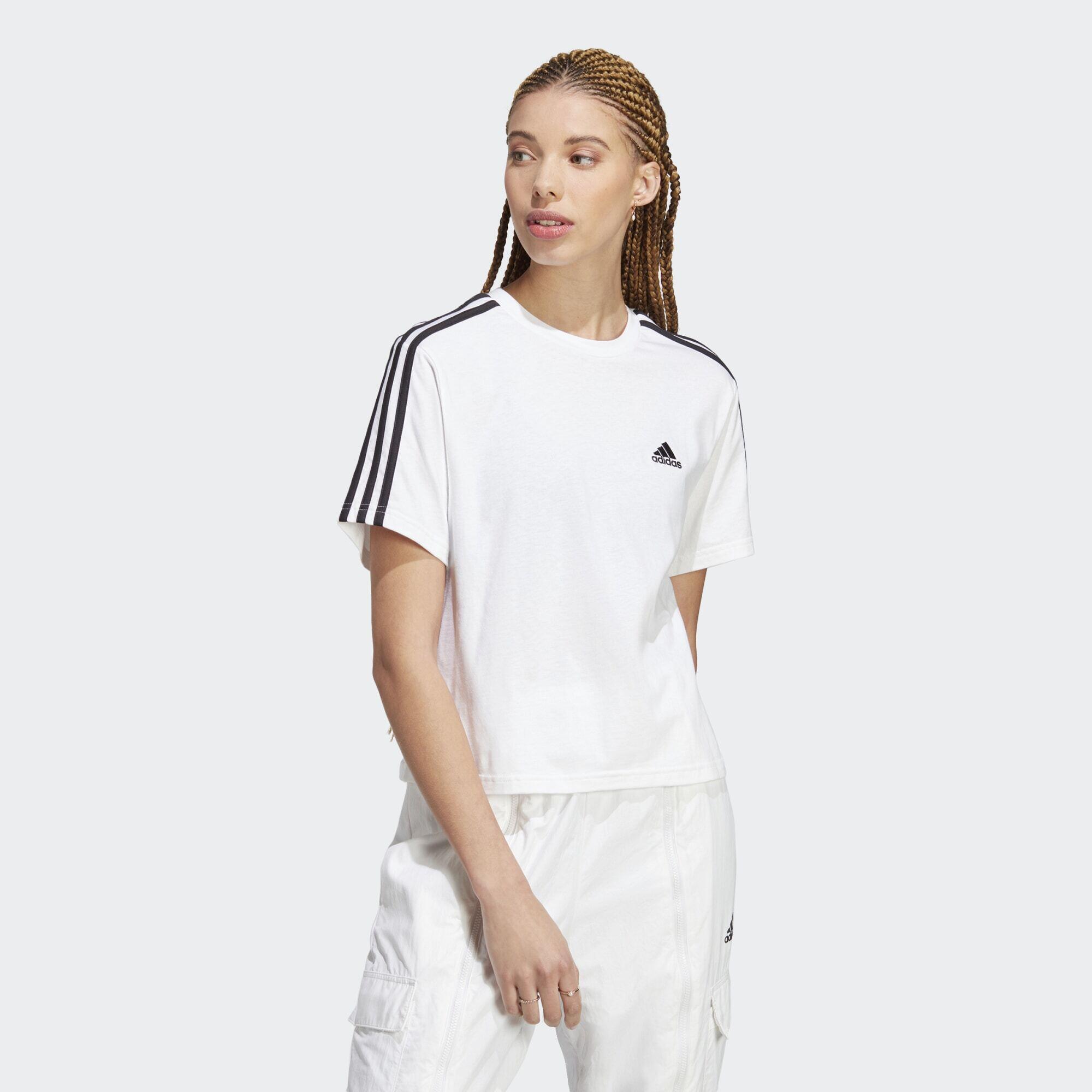 Adidas - Crop Top En Jersey Essentials 3-stripes - T-shirt Manches Courtes - Blanc|noir - 36 Xs - Decathlon