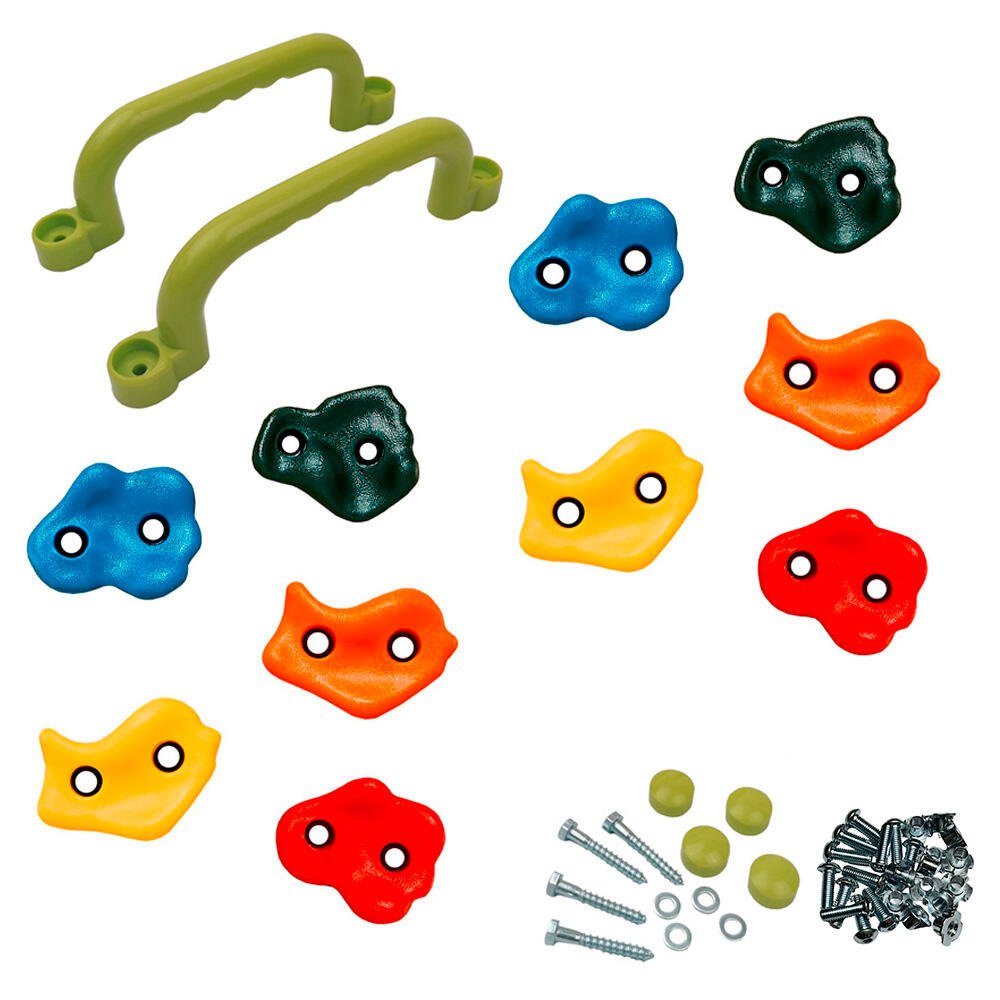 Kangui - 10 Pierres D'Escalade + 2 Poignées Pour Structures De Jeux - Fixations Inclues - Balançoire - Bleu|multicolore|vert - No Size - Decathlon