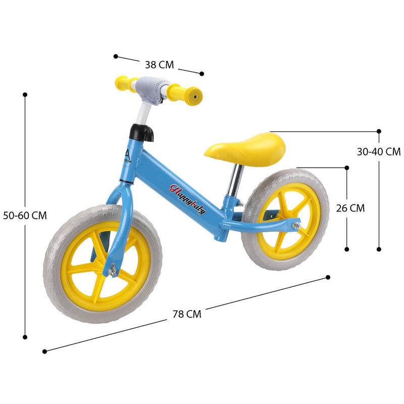 Bicicleta fara pedale pentru copii Happy Baby, 12 inch, bleu/ galben