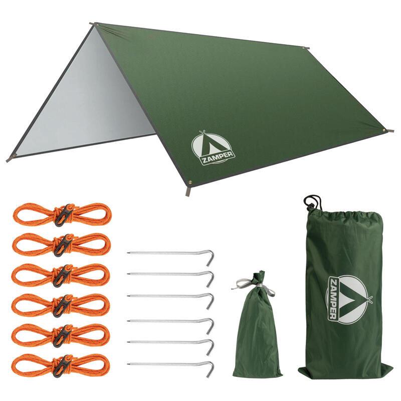 Tarp Zeltplane 3x3m Grün - Wasserdichtes Camping Sonnensegel für Sonnenschutz