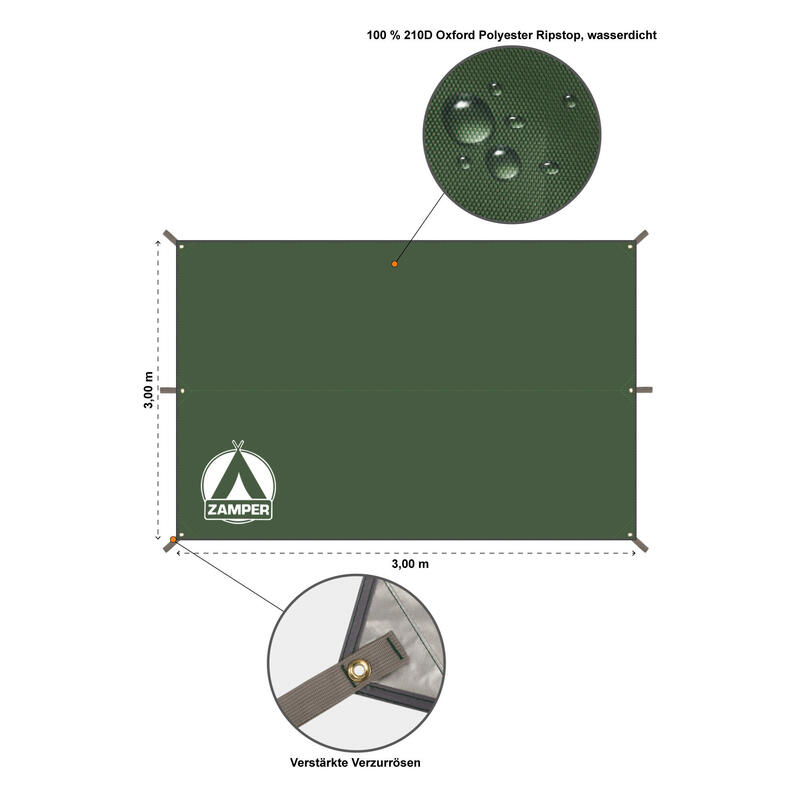 Tarp Zeltplane 3x3m Grün - Wasserdichtes Camping Sonnensegel für Sonnenschutz