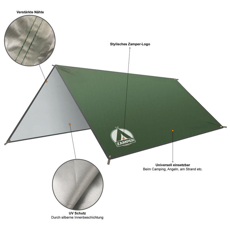 Tarp Zeltplane 3x3m Grün - Wasserdichtes Camping Sonnensegel für Sonnenschutz