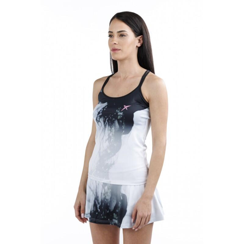 Camiseta feminina Drop Shot Dafra sem manga Padel 2023 estampa preto e branco